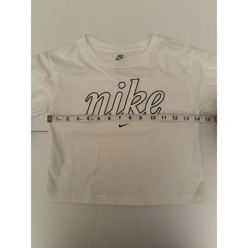 Nike Girls Medium Shirt White Long Sleeve Black Logo Letters Casual Kids Top NWT